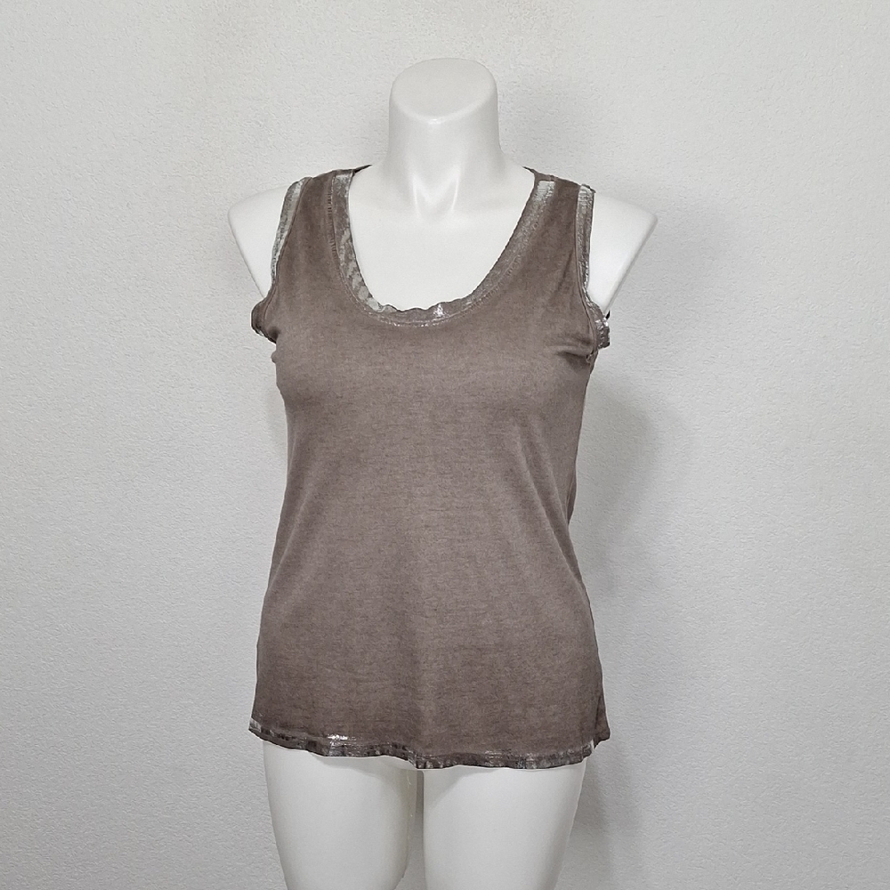 Marisima Brown Shimmer Wool Blend Scoop Neck Boho Old Money Tank Top One Size